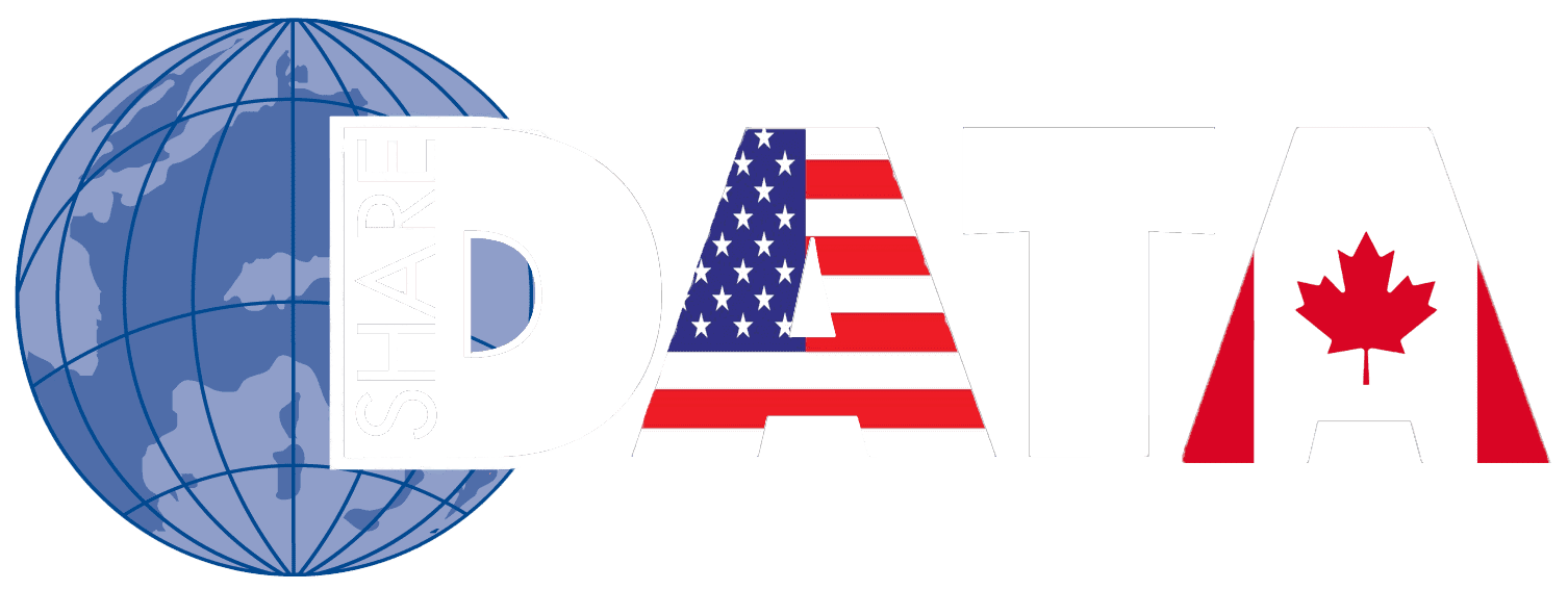 Share Data America Logo with a blue globe and the canadian and american flag in the As of Data.